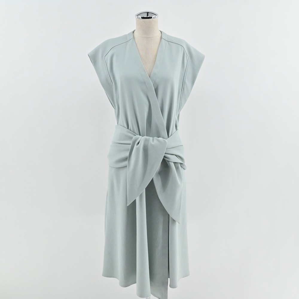 Tibi Chalky Drape Sleeveless Midi Wrap Dress Size 0 Ash Green Minimalist Modern